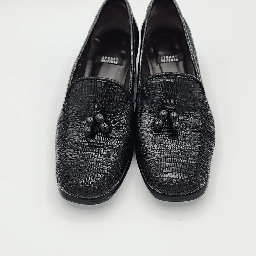 Stuart Weitzman Black Shiny Leather Tassle Loafers Block Heel Size 6.5B